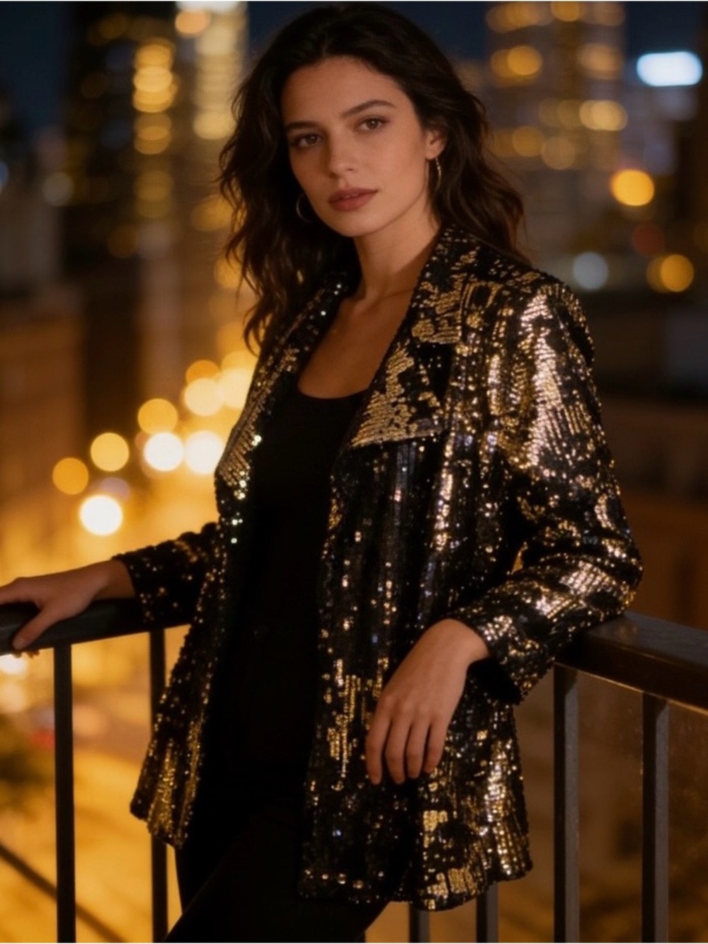 Black & Gold Sequin Open-Front Jacket by Impulsive- size Medium